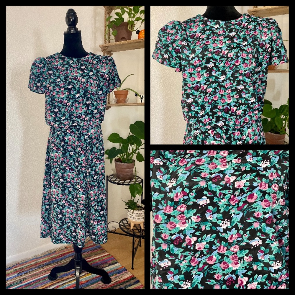Vintage Dress Black Multicolor Floral Blouson Size 12 Large Golden Cottage Core